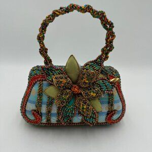 Mary Frances floral motif beaded bag teal orange green *read*